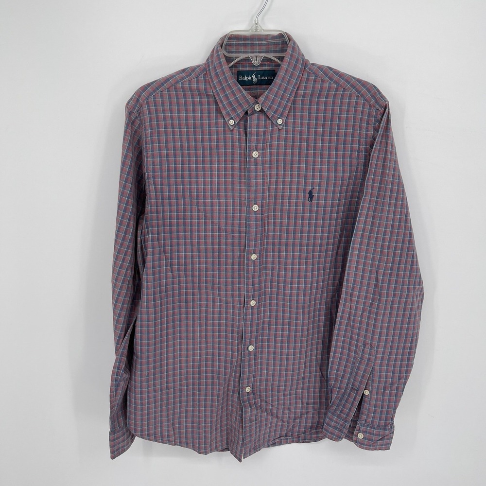 Ralph Lauren Men's Red Plaid Grid‎ Long Sleeve Button Down Dress Shirt Size M